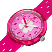 Flik Flak Fizz in hibiscus FCNP005 - cinturino silicone rosa - cassa rosa - quadrante rosa con fiore di ibisco