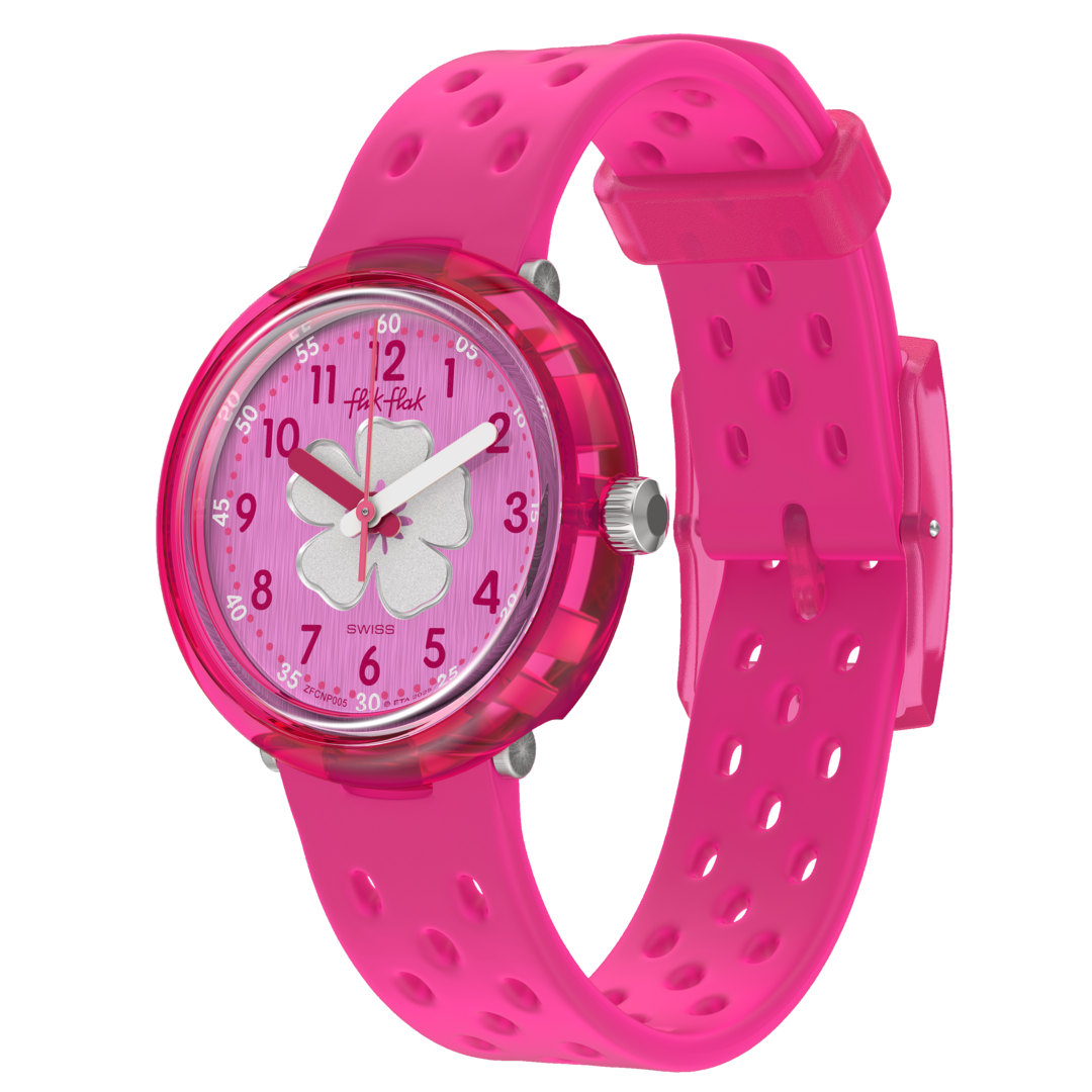 Flik Flak Fizz in hibiscus FCNP005 - cinturino silicone rosa - cassa rosa - quadrante rosa con fiore di ibisco