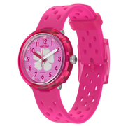 Flik Flak Fizz in hibiscus FCNP005 - cinturino silicone rosa - cassa rosa - quadrante rosa con fiore di ibisco
