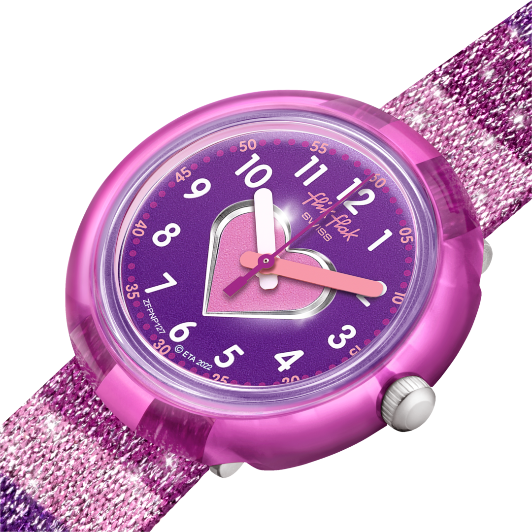 Flik Flak STRIPY GLITTER FPNP127 - cinturino glitterato e quadrante con cuore rosa