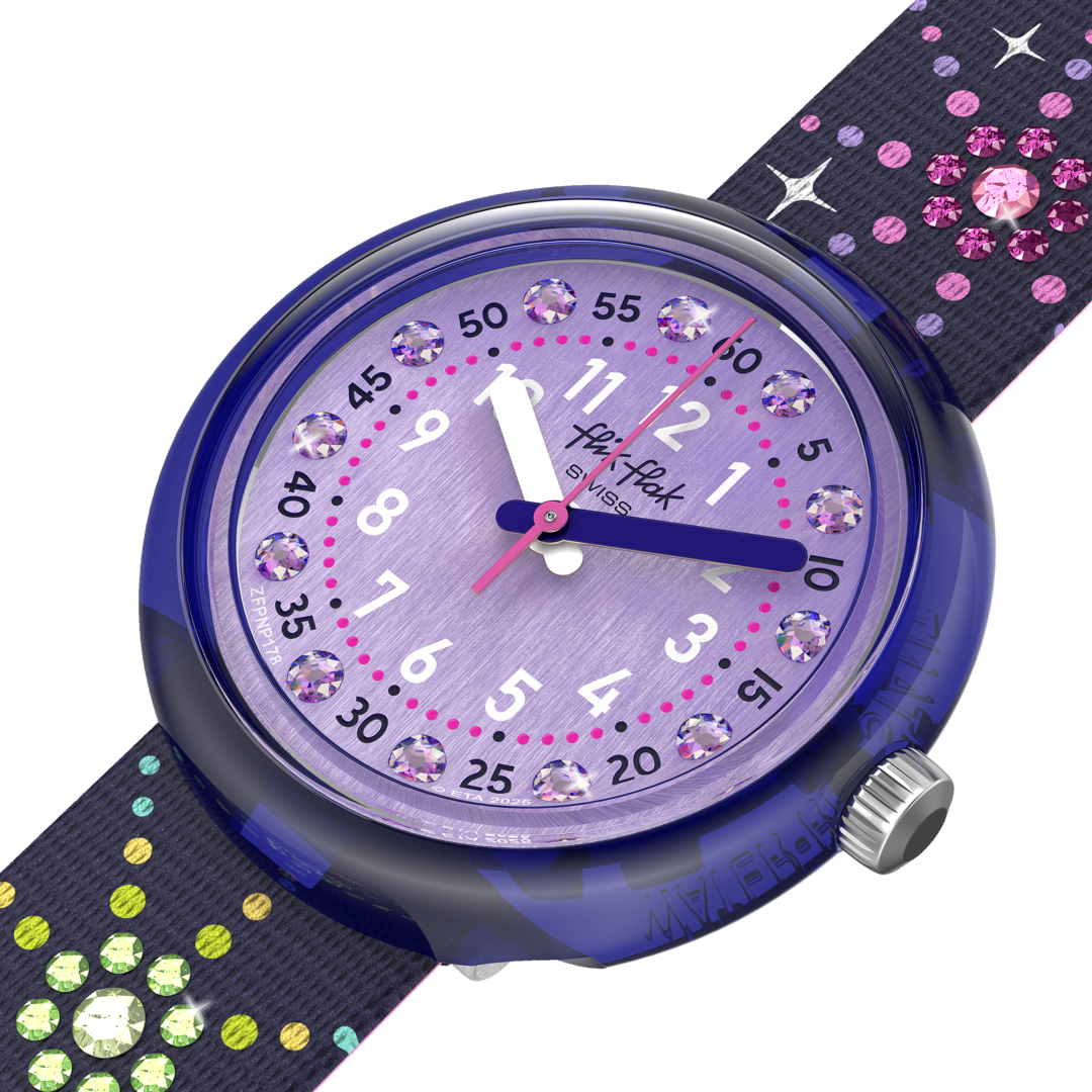 Flik Flak PARTY FINALE FPNP178 - cinturino viola con fuochi d'artificio e brillantini