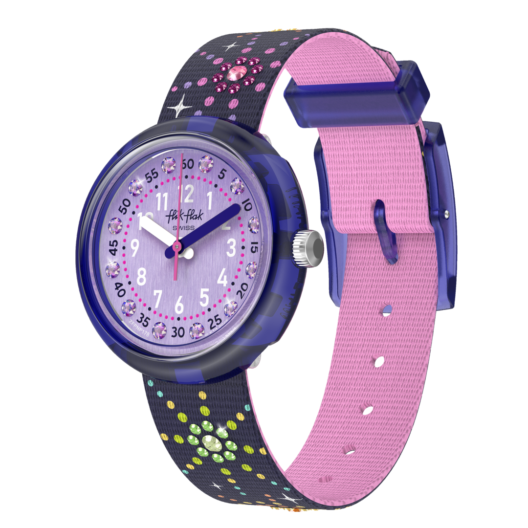 Flik Flak PARTY FINALE FPNP178 - cinturino viola con fuochi d'artificio e brillantini