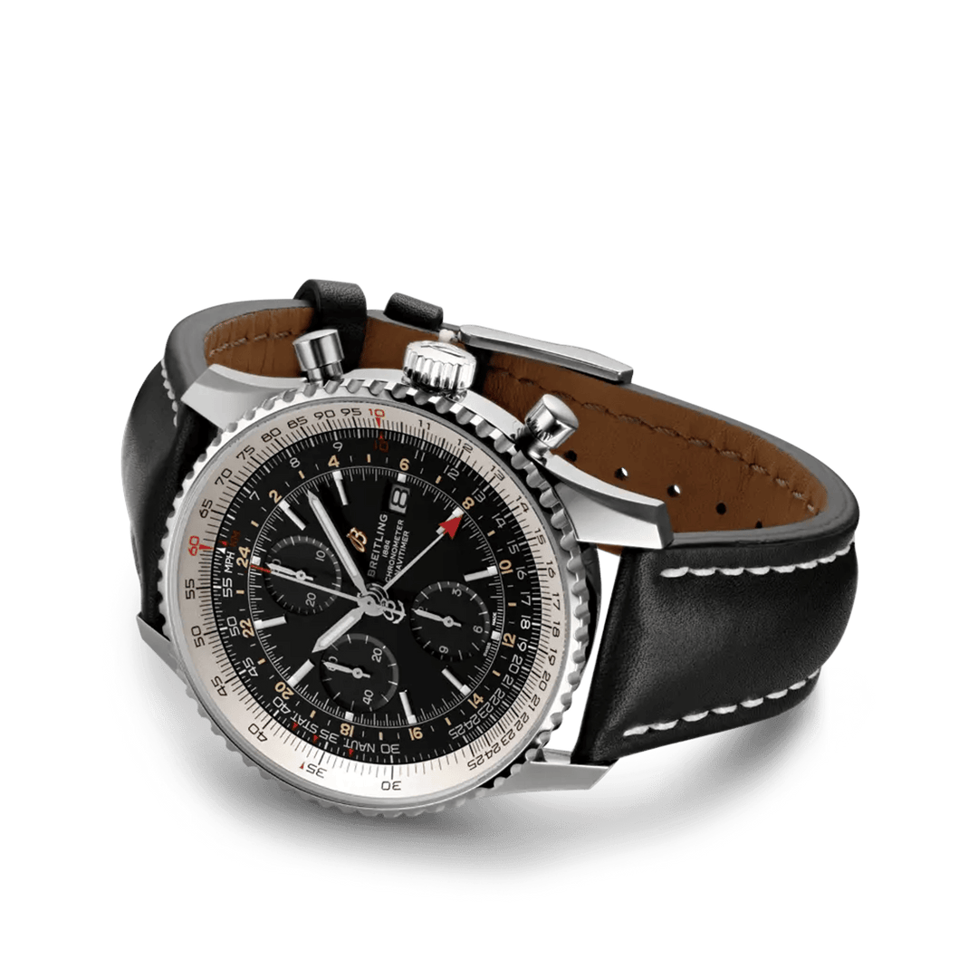 Breitling Navitimer Chronograph GMT 46 A24322121B2X1 - cassa acciaio - cinturino nero in pelle - quadrante nero  - GMT - cronografo - datario