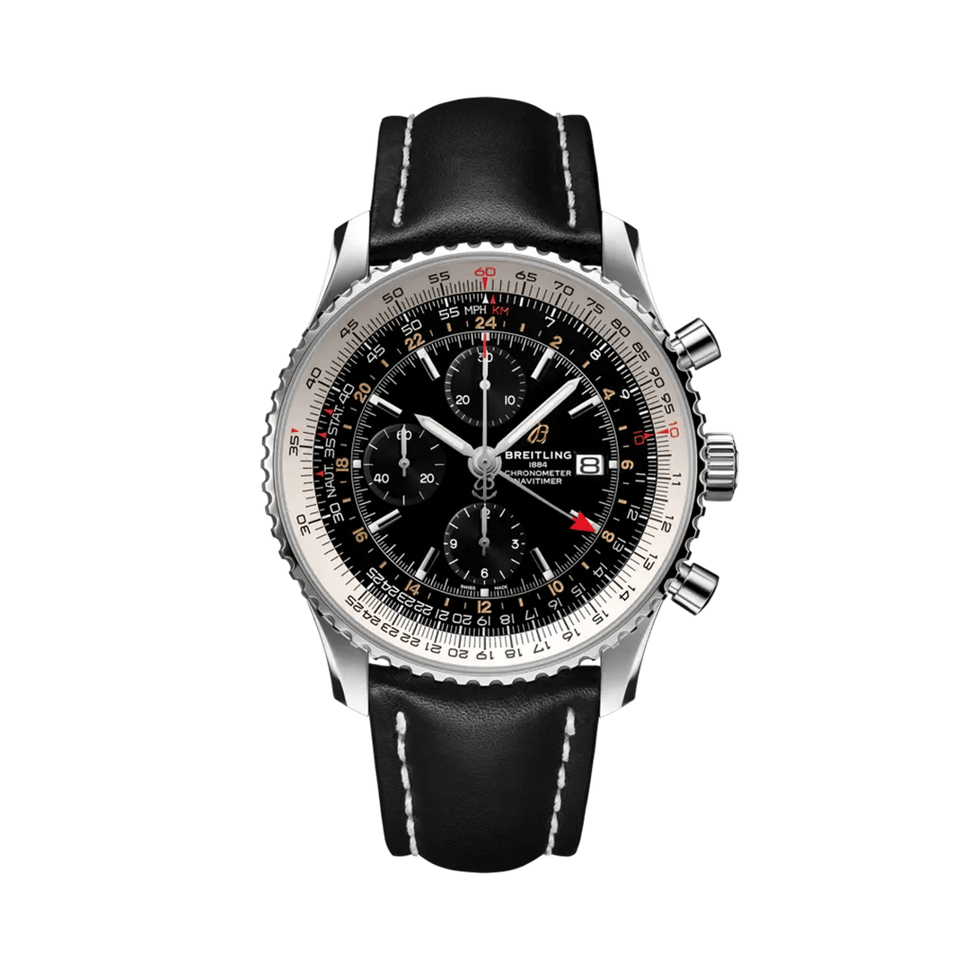 Breitling Navitimer Chronograph GMT 46 A24322121B2X1 - cassa acciaio - cinturino nero in pelle - quadrante nero  - GMT - cronografo - datario