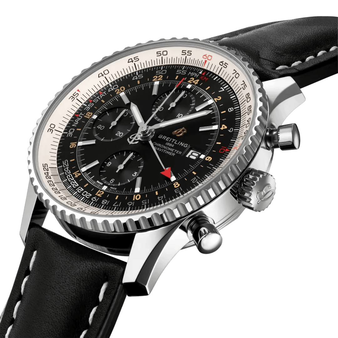 Breitling Navitimer Chronograph GMT 46 A24322121B2X1 - cassa acciaio - cinturino nero in pelle - quadrante nero  - GMT - cronografo - datario