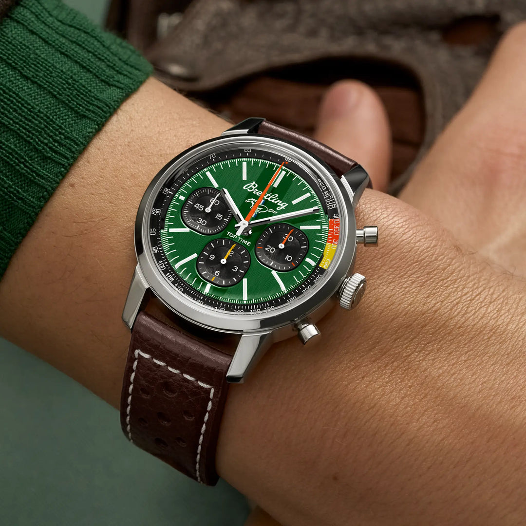 Breitling Top Time B01 Ford Mustang AB01762A1L1X1 - cassa acciaio - cinturino marrone in pelle - quadrante verde intenso - polso