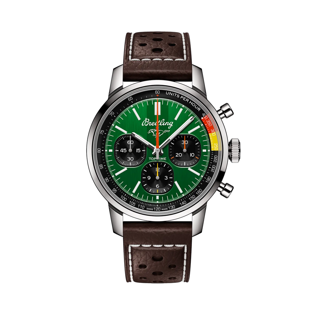 Breitling Top Time B01 Ford Mustang AB01762A1L1X1 - cassa acciaio - cinturino marrone in pelle - quadrante verde intenso