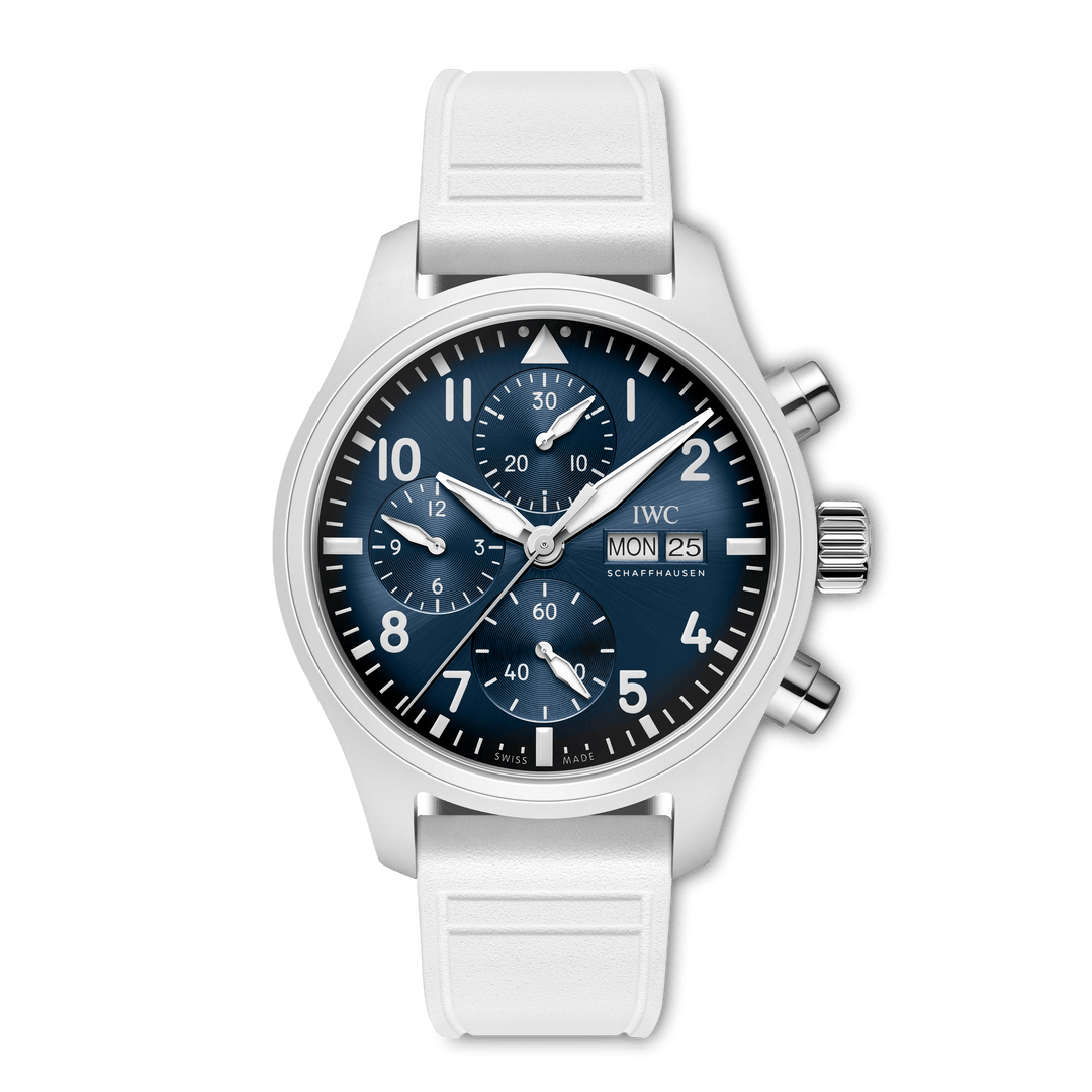IWC Pilot’s Watch Chronograph 41 Le Petit Prince IW389410 - cinturino gomma bianca - cassa ceramica bianca - quadrante blu con cronografo e datario