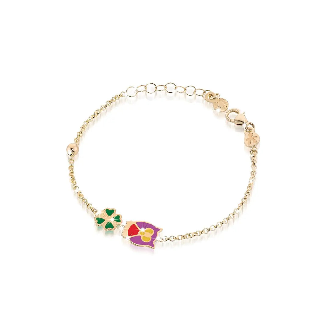 Bracciale in Oro Giallo Civetta e Quadrifoglio