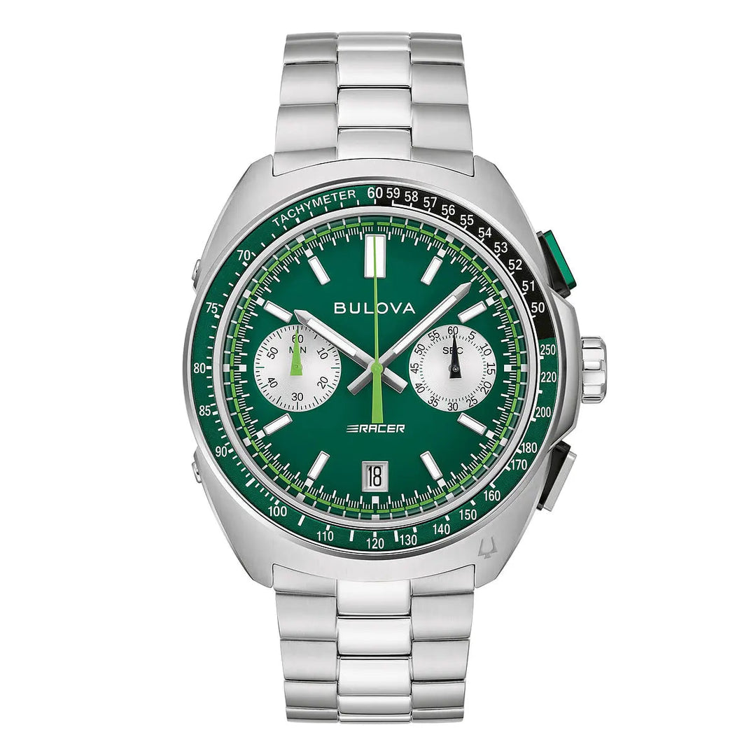 Bulova Racer 98B468 - cassa e bracciale acciaio - quadrante verde con cronografo e datario