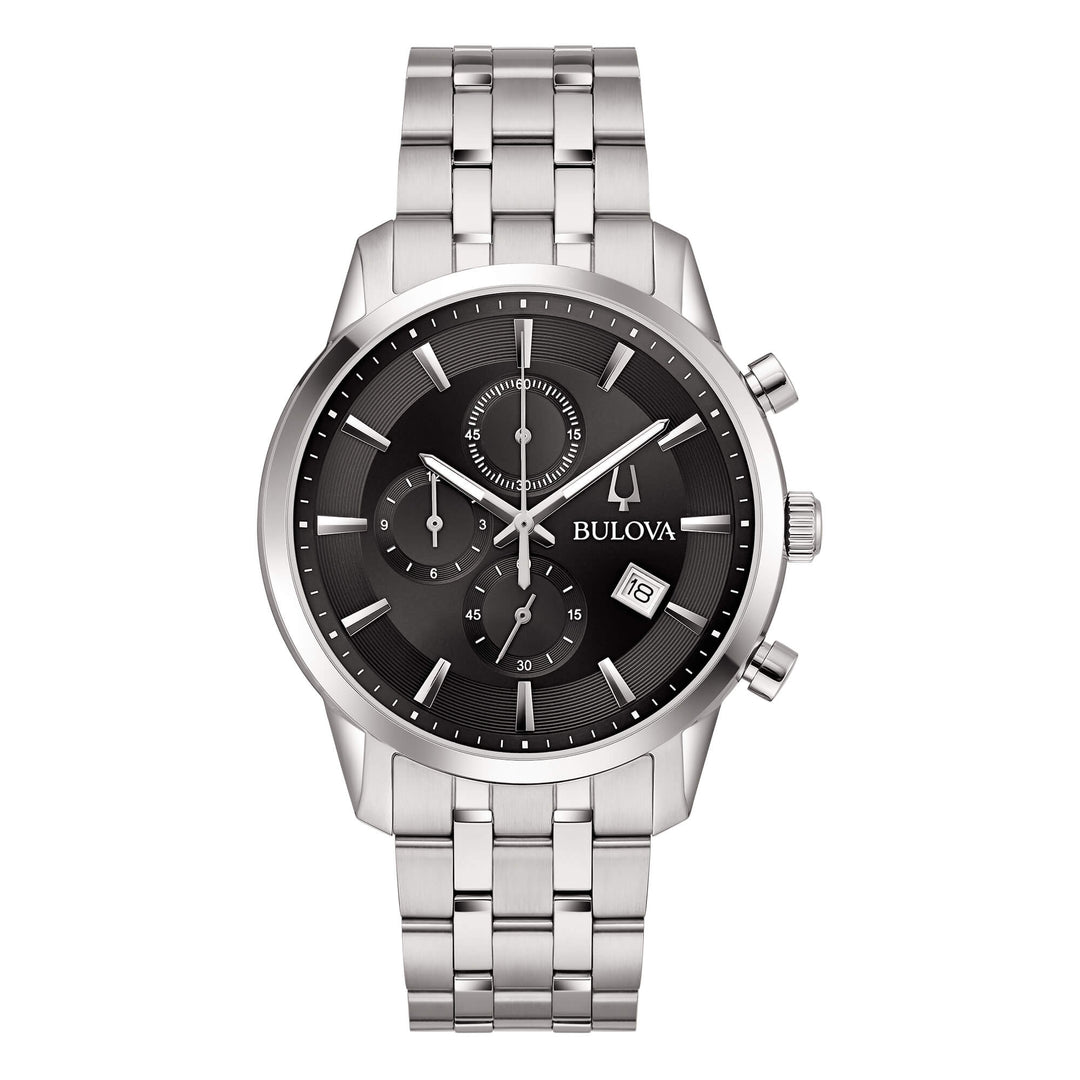 Bulova Sutton Chrono 96B412 - bracciale e cassa acciaio - quadrante nero con cronografo e datario