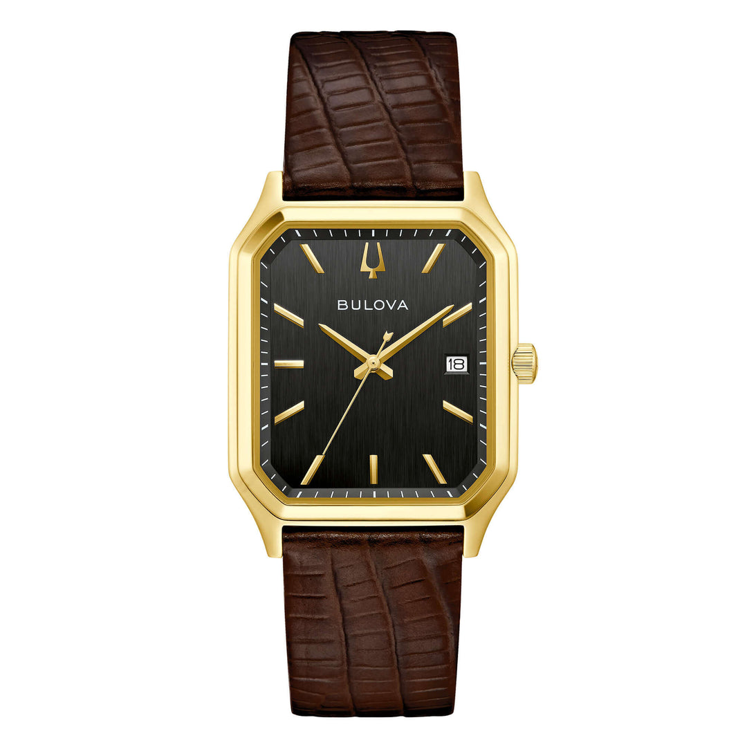 Bulova Tony Bennett 97B235 - cinturino pelle marrone - cassa acciaio  placcato oro giallo - quadrante nero con datario