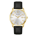 Load image into Gallery viewer, Bulova Sutton Classic 97B238 - cassa placcata oro - cinturino pelle nero - quadrante argento con datario e indici dorati