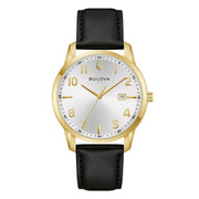 Bulova Sutton Classic 97B238 - cassa placcata oro - cinturino pelle nero - quadrante argento con datario e indici dorati
