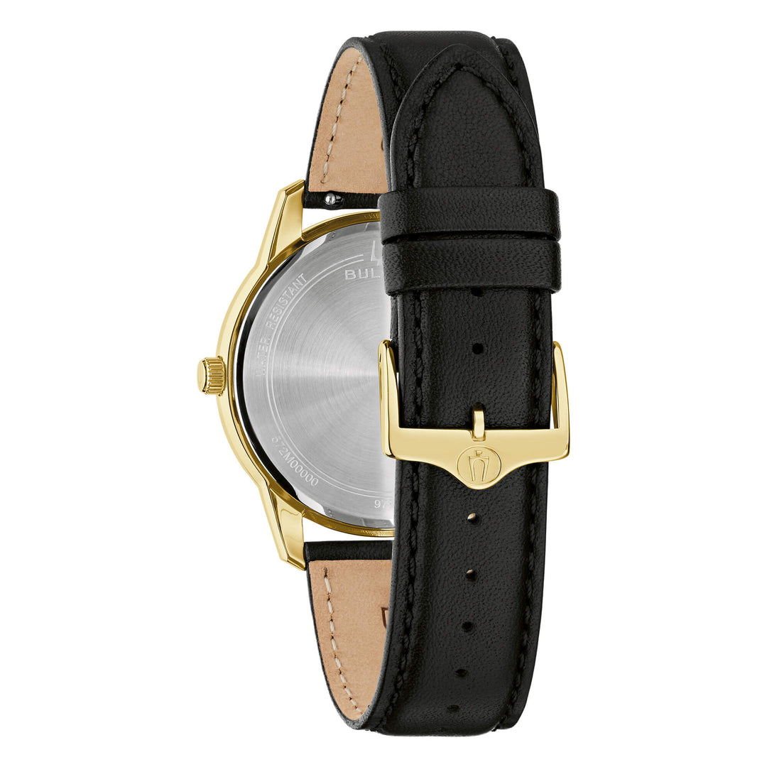 Bulova Sutton Classic 97B238 - cassa placcata oro - cinturino pelle nero - quadrante argento con datario e indici dorati - fondello