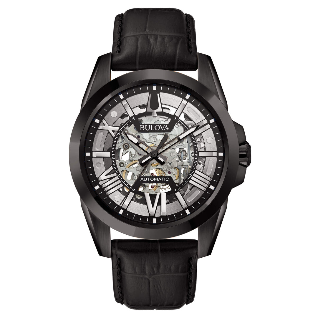 Bulova Sutton Skeleton 98A304 - cinturino pelle nero - cassa acciaio nero - quadrante grigio con movimento a vista