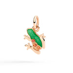 Load image into Gallery viewer, Ciondolo rana in oro rosa 9K con smalto perlato verde e zaffiri arancio, dettaglio forme e colori.
