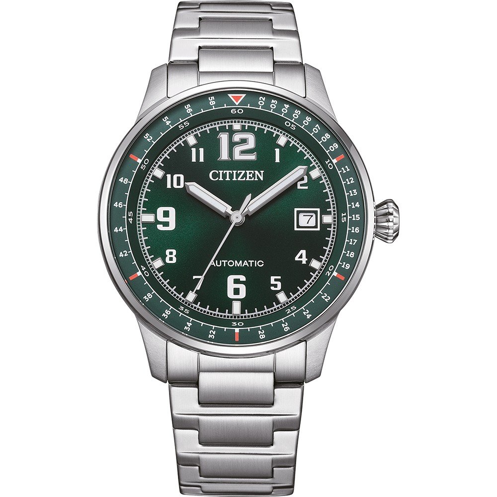 Citizen Aviator Mecha Automatico NJ0190-51X - bracciale e cassa acciaio - quadrante verde scuro con datario