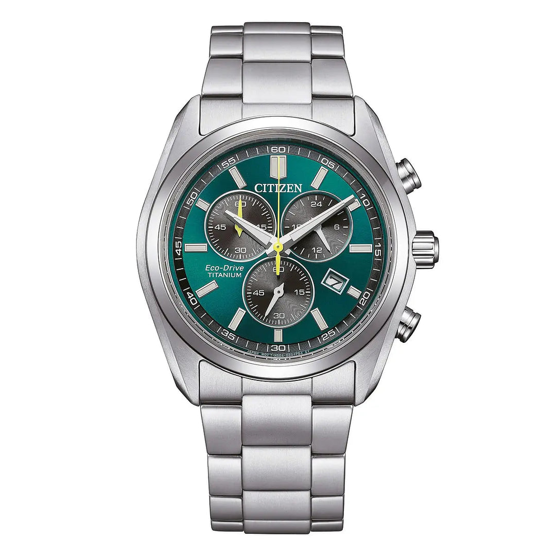 Citizen Super Titanio Crono AT2590-59X - bracciale e cassa titanio - quadrante verde cronografo e datario
