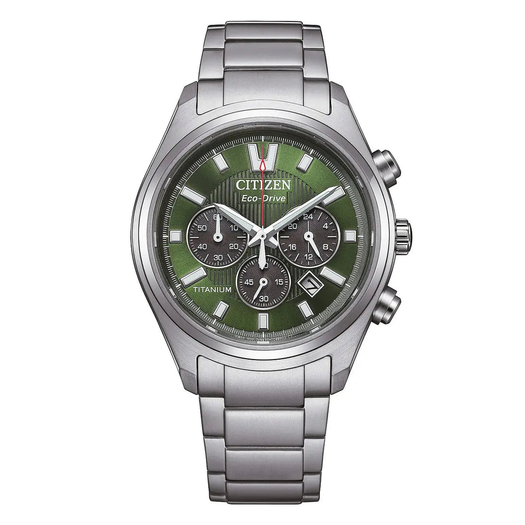 Citizen Super Titanio Crono CA4750-51X - bracciale e cassa acciaio - quadrante verde scuro con datario e cronografo