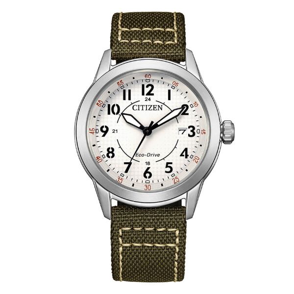 Citizen Field AW1870-08A - cinturino verde militare - cassa acciaio - quadrante bianco con datario