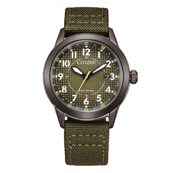 Citizen Field AW1877-09X - cinturino canvas verde militare - cassa grigia acciaio - quadrante verde militare con datario