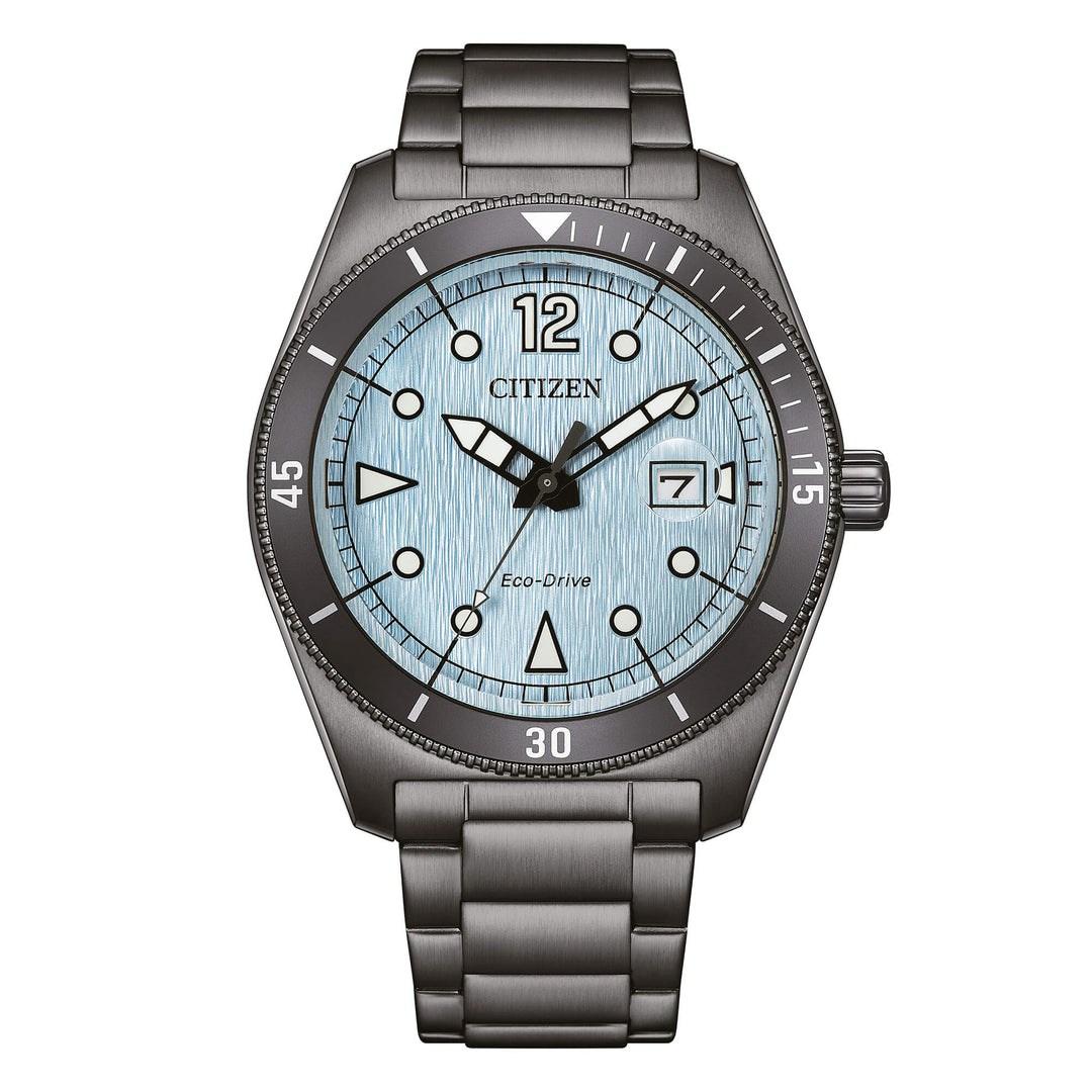Citizen Marine AW1887-56L - bracciale e cassa acciaio nero - quadrante azzurro con datario