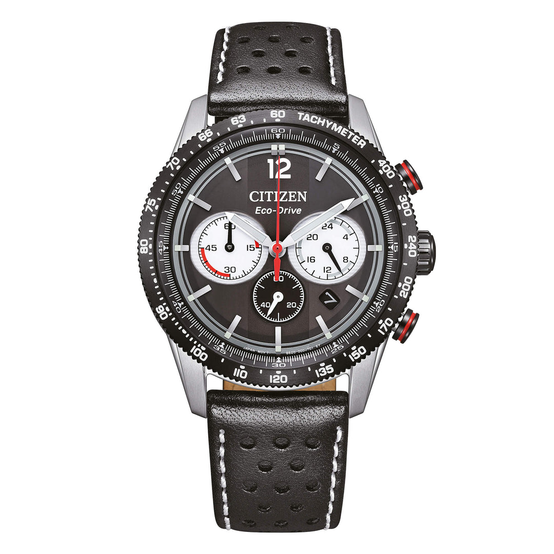 Citizen Racing Crono CA4717-06E - cassa acciaio - cinturino in pelle nero - quadrante nero con crono e datario