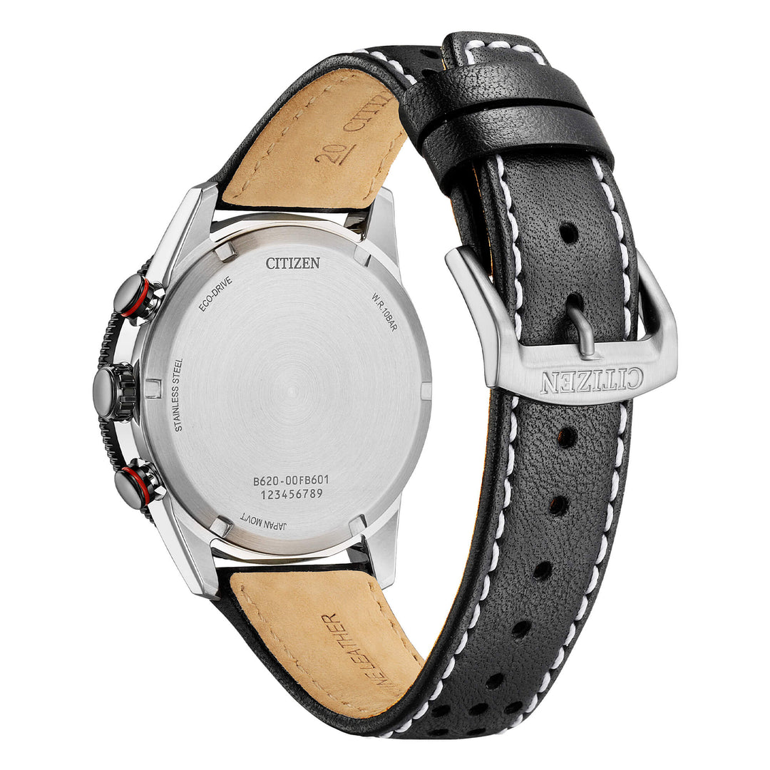 Citizen Racing Crono CA4717-06E - cassa acciaio - cinturino in pelle nero - quadrante nero con crono e datario - fondello