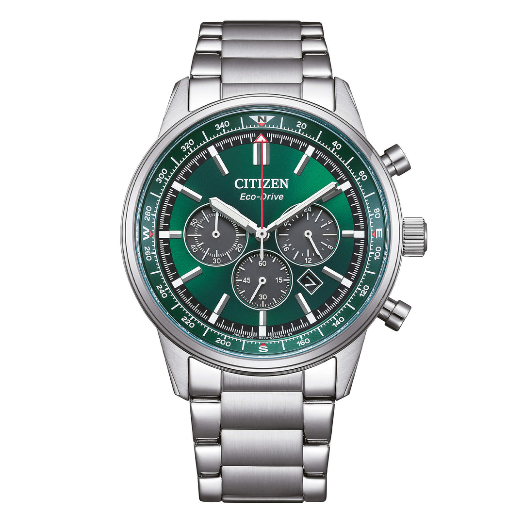 Citizen Aviator Crono CA4720-52X - bracciale e cassa acciaio - quadrante verde con datario e cronografo