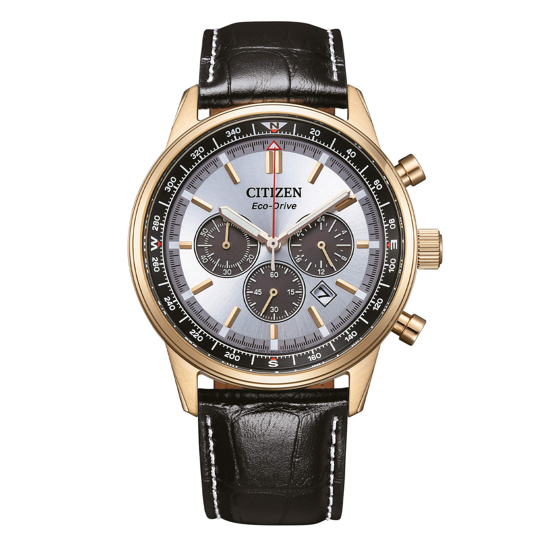 Citizen Aviator Crono CA4723-03A - cinturino pelle nero - cassa acciaio placcato oro giallo - quadrante argento con crono e datario