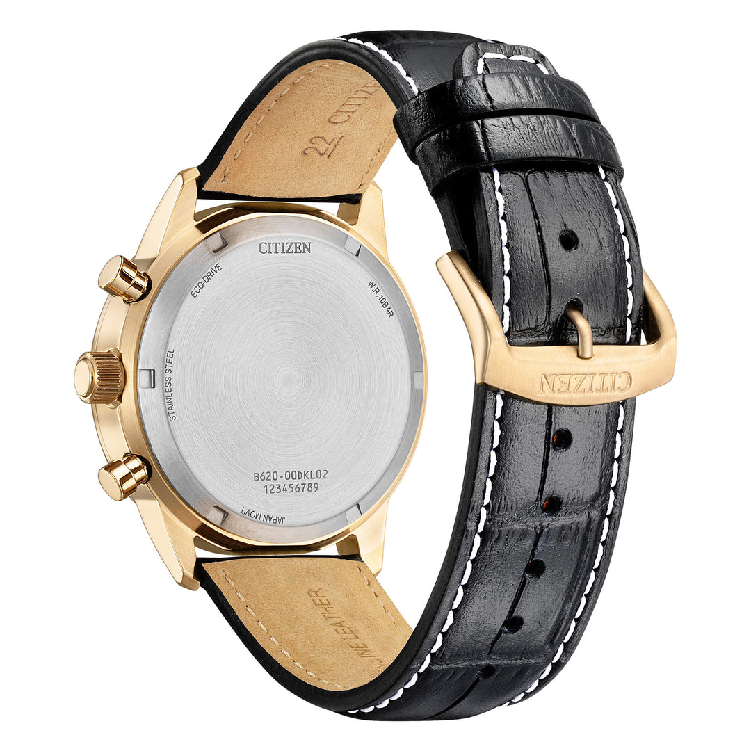 Citizen Aviator Crono CA4723-03A - cinturino pelle nero - cassa acciaio placcato oro giallo - quadrante argento con crono e datario - fondello
