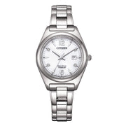 Citizen Lady Super Titanio EW2601-81A cassa e bracciale Super Titanio e quadrante bianco con datario e 4 diamanti applicati.