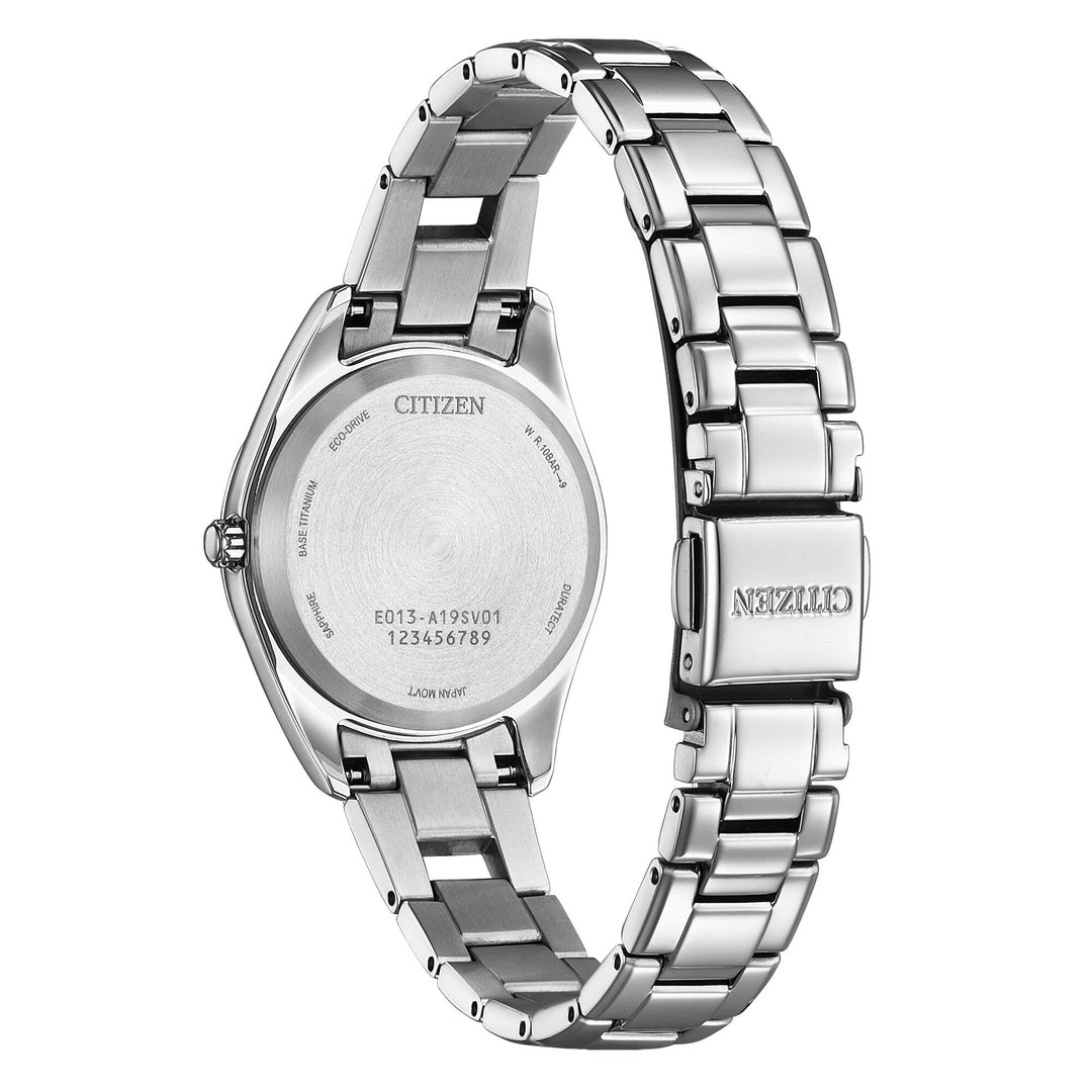Citizen Lady Super Titanio EW2601-81Acassa e bracciale Super Titanio e quadrante bianco con datario e 4 diamanti applicati - fondello