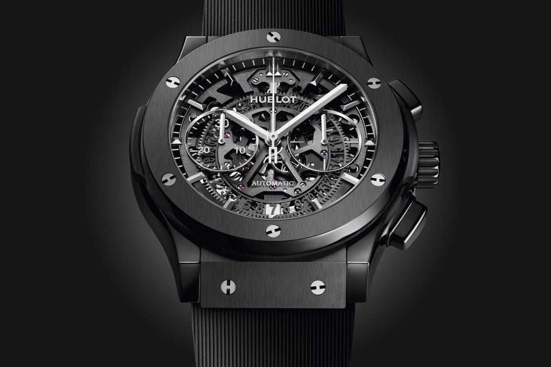Hublot Classic Fusion Aerofusion Black Magic 525.CM.0170.RX - cinturino gomma nera - cassa ceramica nera - quadrante scheletrato nero con datario e cronografo