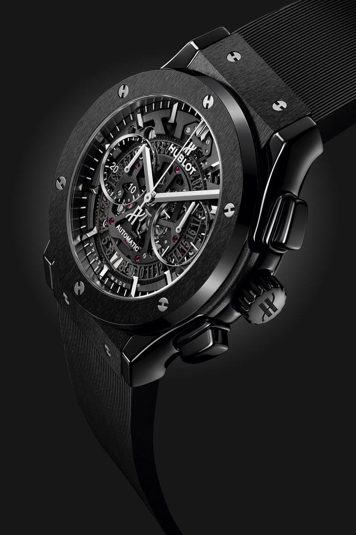 Hublot Classic Fusion Aerofusion Black Magic 525.CM.0170.RX - cinturino gomma nera - cassa ceramica nera - quadrante scheletrato nero con datario e cronografo