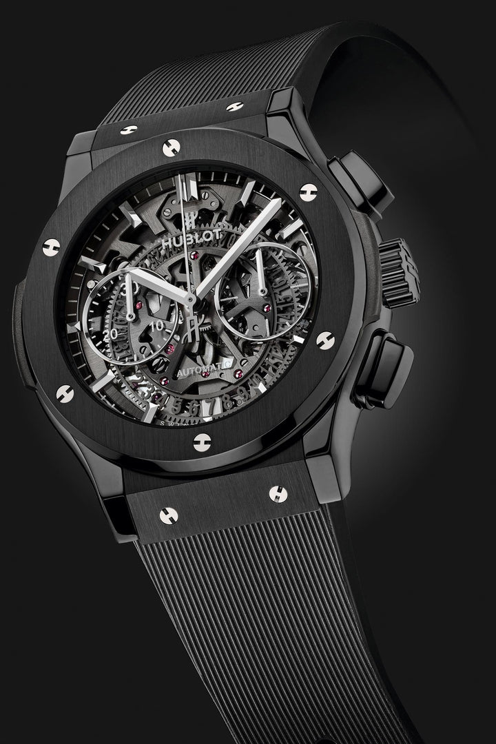 Hublot Classic Fusion Aerofusion Black Magic 525.CM.0170.RX - cinturino gomma nera - cassa ceramica nera - quadrante scheletrato nero con datario e cronografo