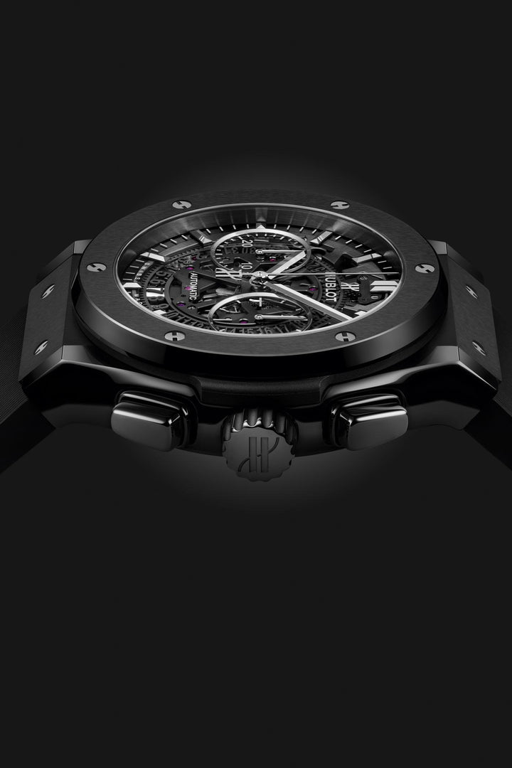 Hublot Classic Fusion Aerofusion Black Magic 525.CM.0170.RX - cinturino gomma nera - cassa ceramica nera - quadrante scheletrato nero con datario e cronografo