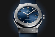 Hublot Classic Fusion Titanium Blue 511.NX.7170.RX - cinturino gomma blu - cassa e lunetta in titanio - quadrante blu con datario