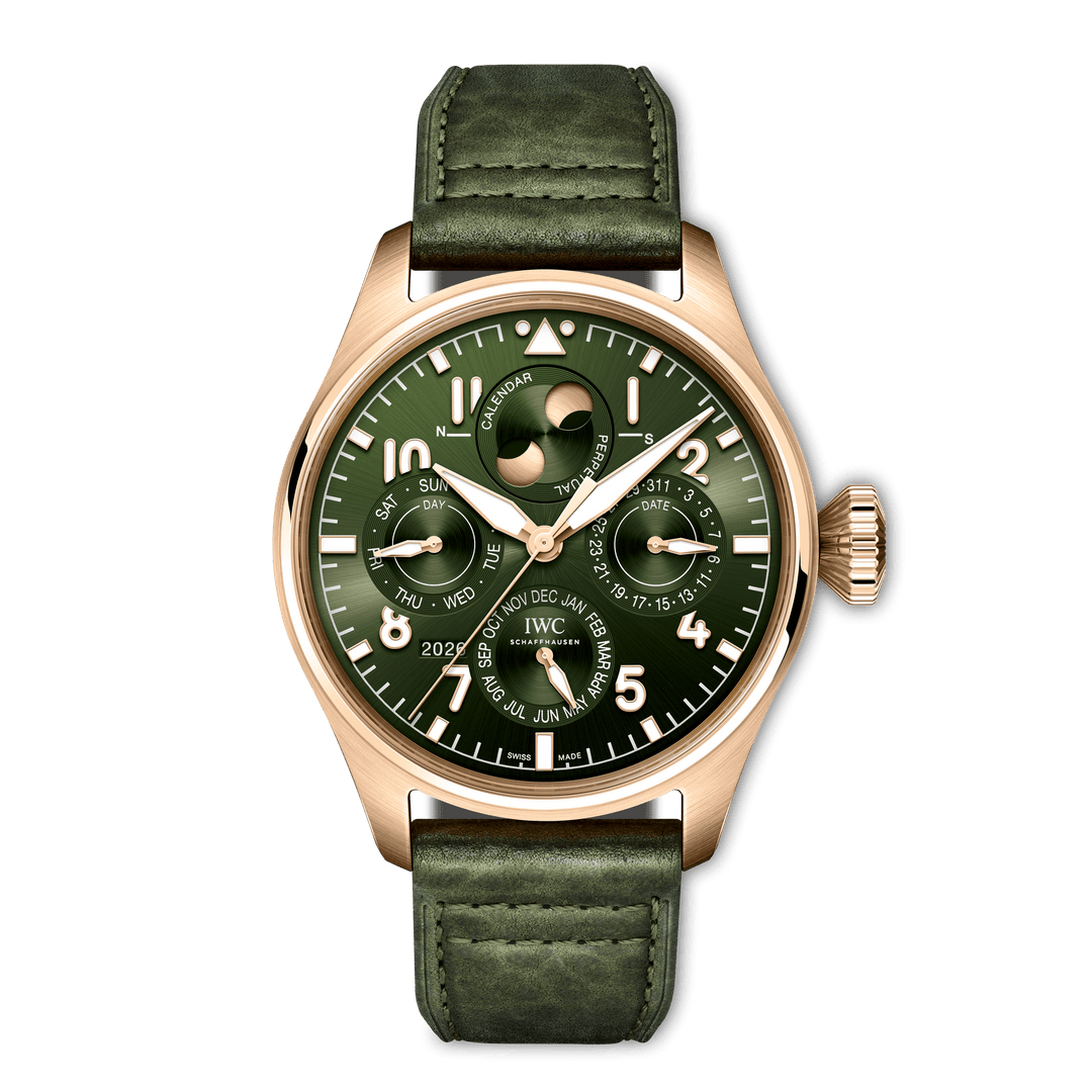 IWC Big Pilot’s Watch Perpetual Calendar Proset IW329602 - cassa oro rosa 18kt - cinturino verde oliva - quadrante verde oliva con calendario perpetuo