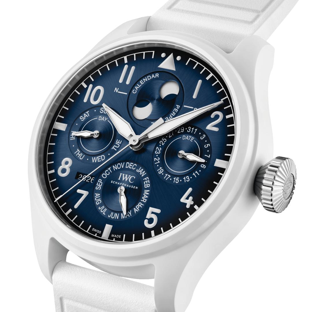 IWC Big Pilot’s Watch Perpetual Calendar Proset Le Petit Prince IW339601 - cassa ceramica bianca - cinturino gomma bianco - quadrante blu con calendario perpetuo