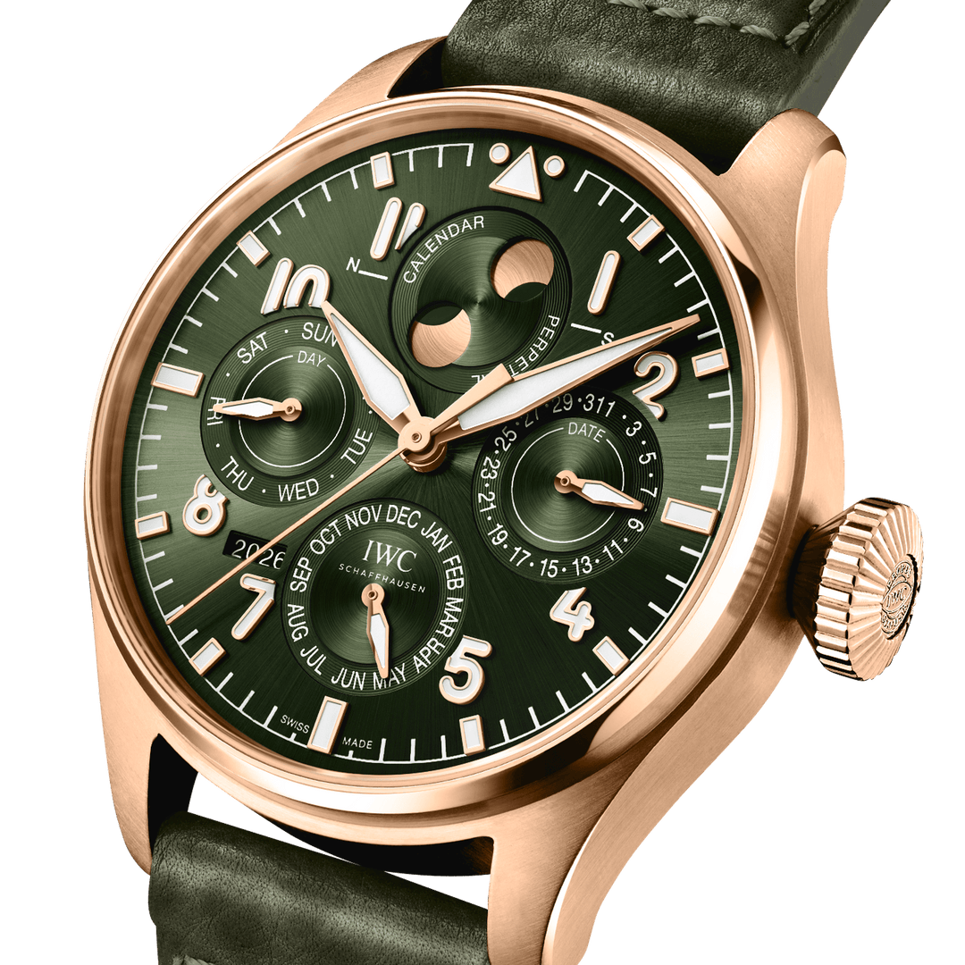 IWC Big Pilot’s Watch Perpetual Calendar Proset IW329602 - cassa oro rosa 18kt - cinturino verde oliva - quadrante verde oliva con calendario perpetuo