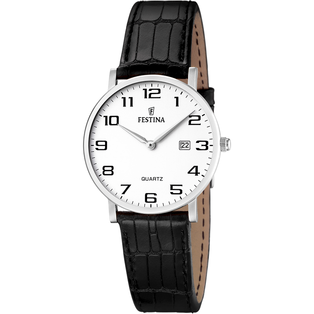 Festina Classic F16477/1 - cinturino pelle nero - cassa acciaio - quadrante bianco con datario