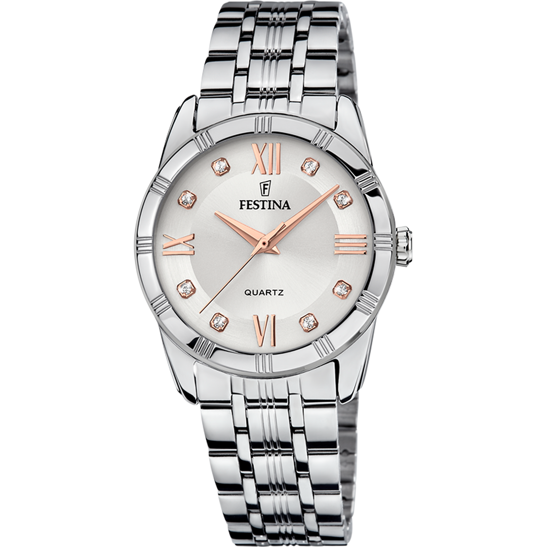 Festina Mademoiselle F16940/B - bracciale e cassa acciaio - quadrante argento con indici oro rosa e brillanti