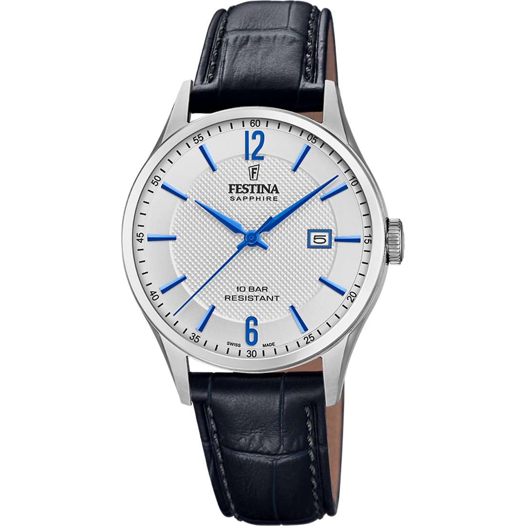 Festina Classics F20007/2 - cinturino nero - cassa acciaio - quadrante argento con datario e indici blu