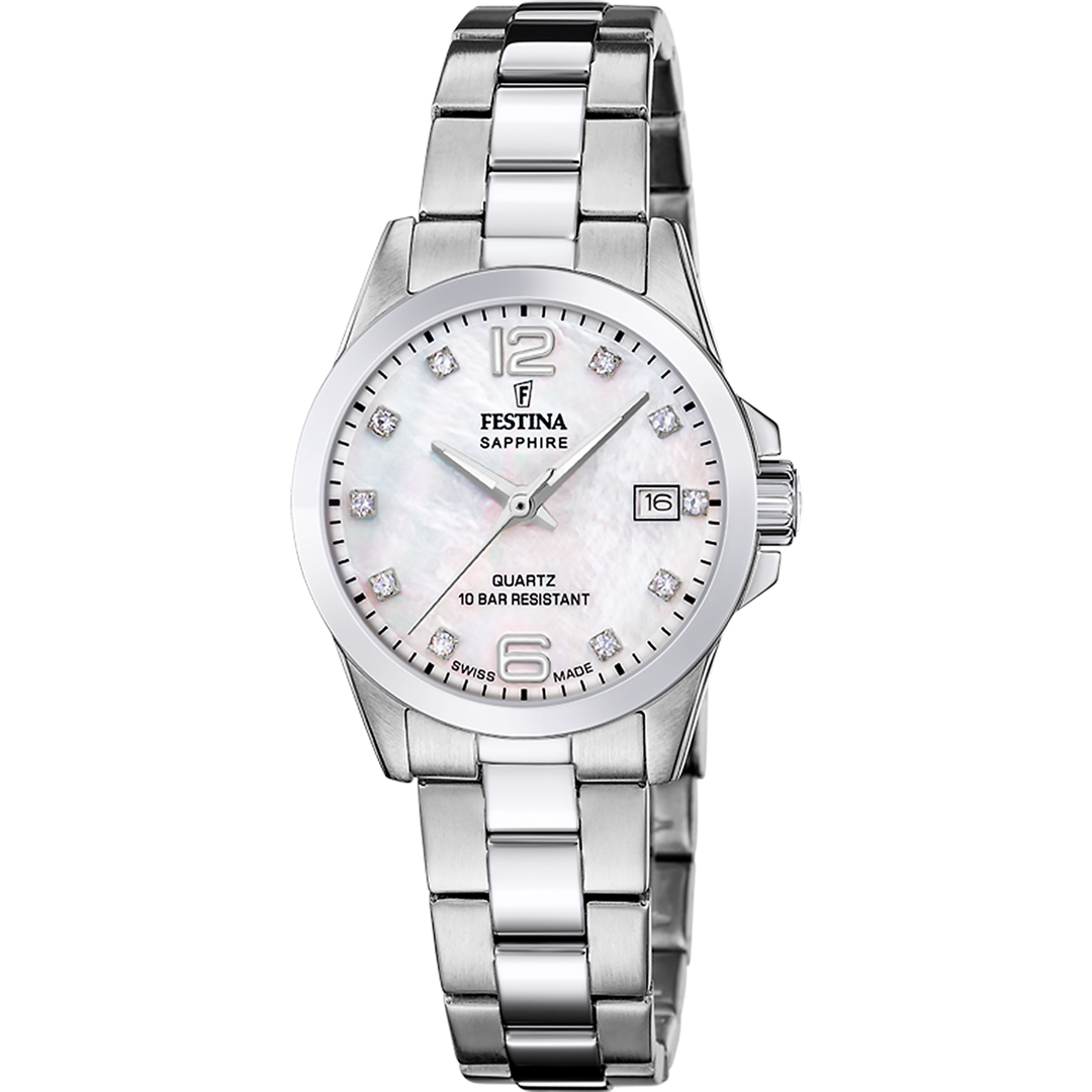 Festina Classic steel F20049/7 - bracciale e cassa acciaio - quadrante madreperla con datario e brillanti