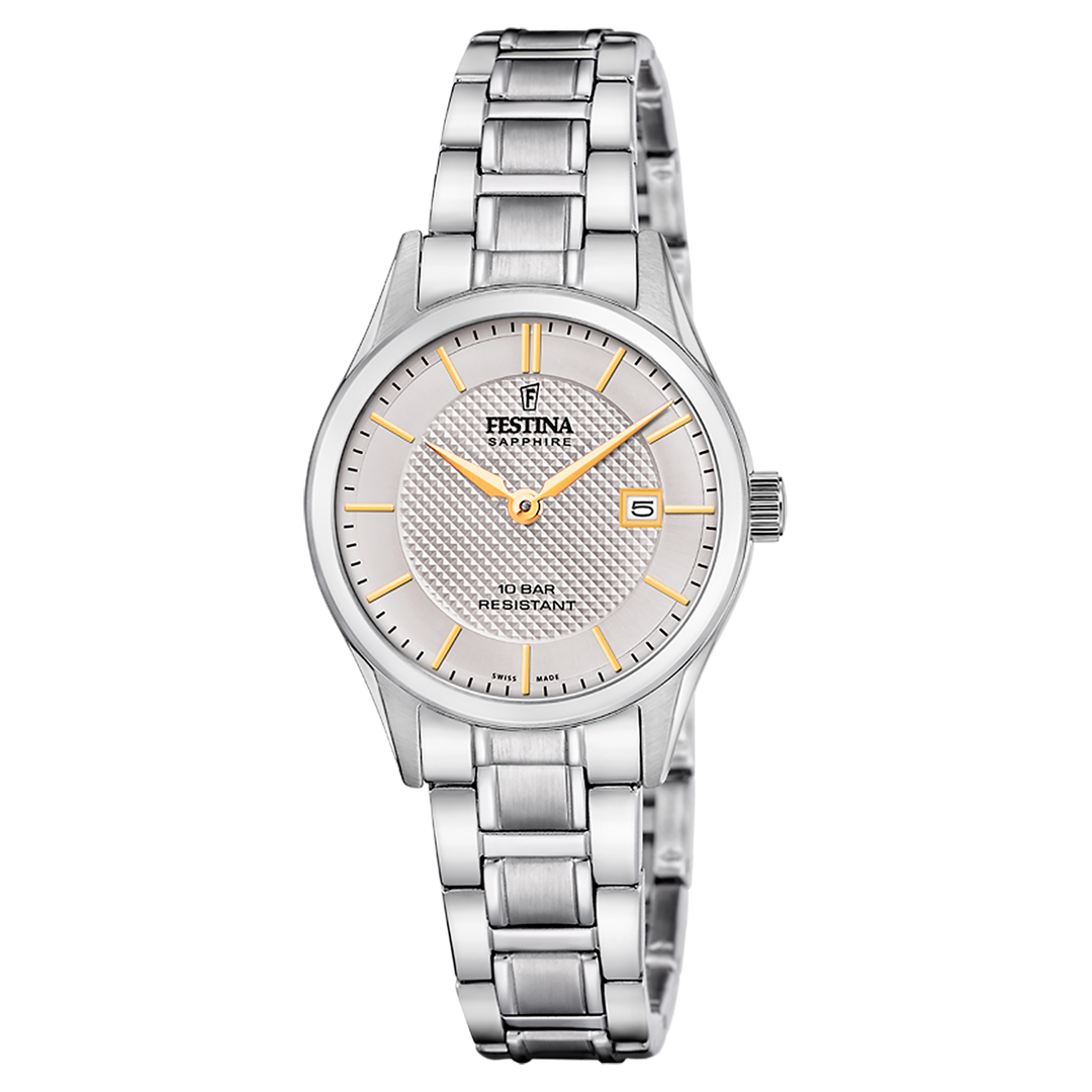 Festina Classics F20068/4 - bracciale e cassa acciaio - quadrante argento con indici e lancette colore oro - datario