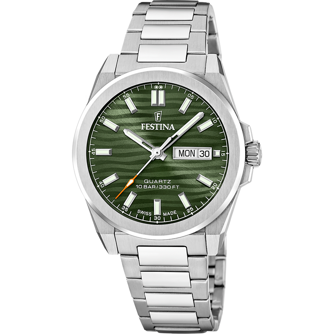 Festina Dune F20073/4 - bracciale e cassa acciaio - quadrante verde kaki con datario
