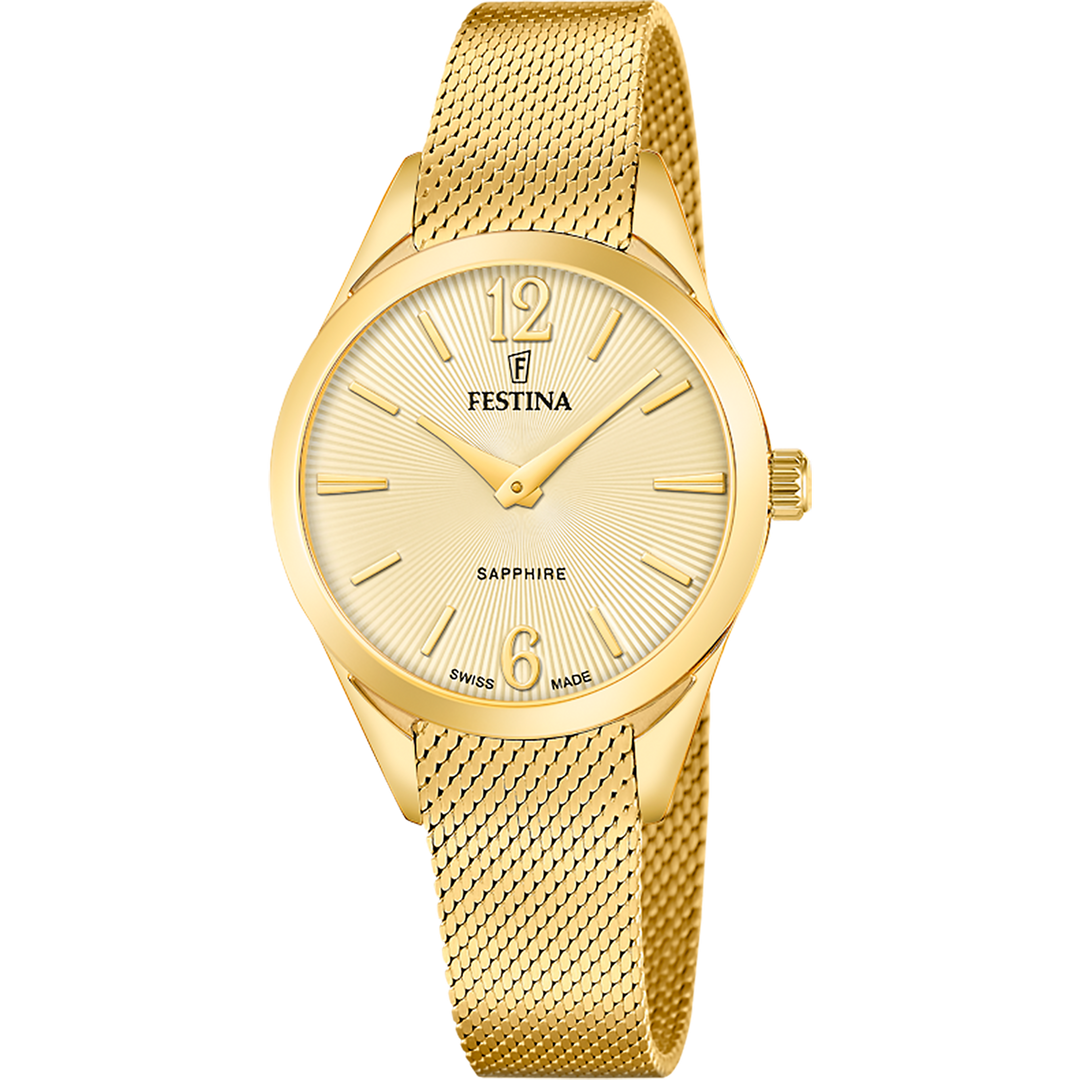 Festina Swiss Made Grace F20077/3 - bracciale e cassa acciaio placcato oro giallo - quadrante a raggiera colore oro