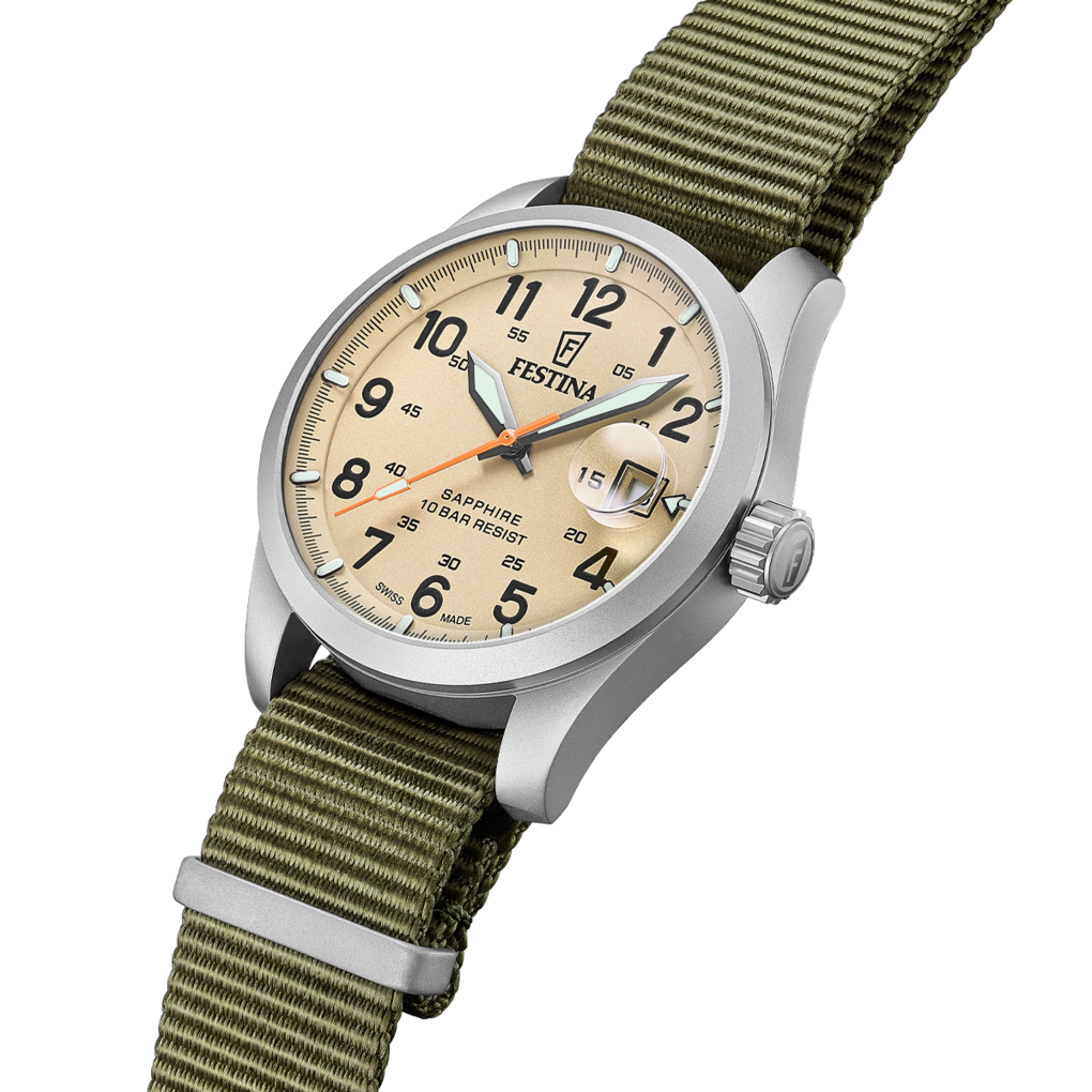 Festina Field F20082/1 - cassa acciaio - quadrante beige con datario - cinturino nylon verde scuro